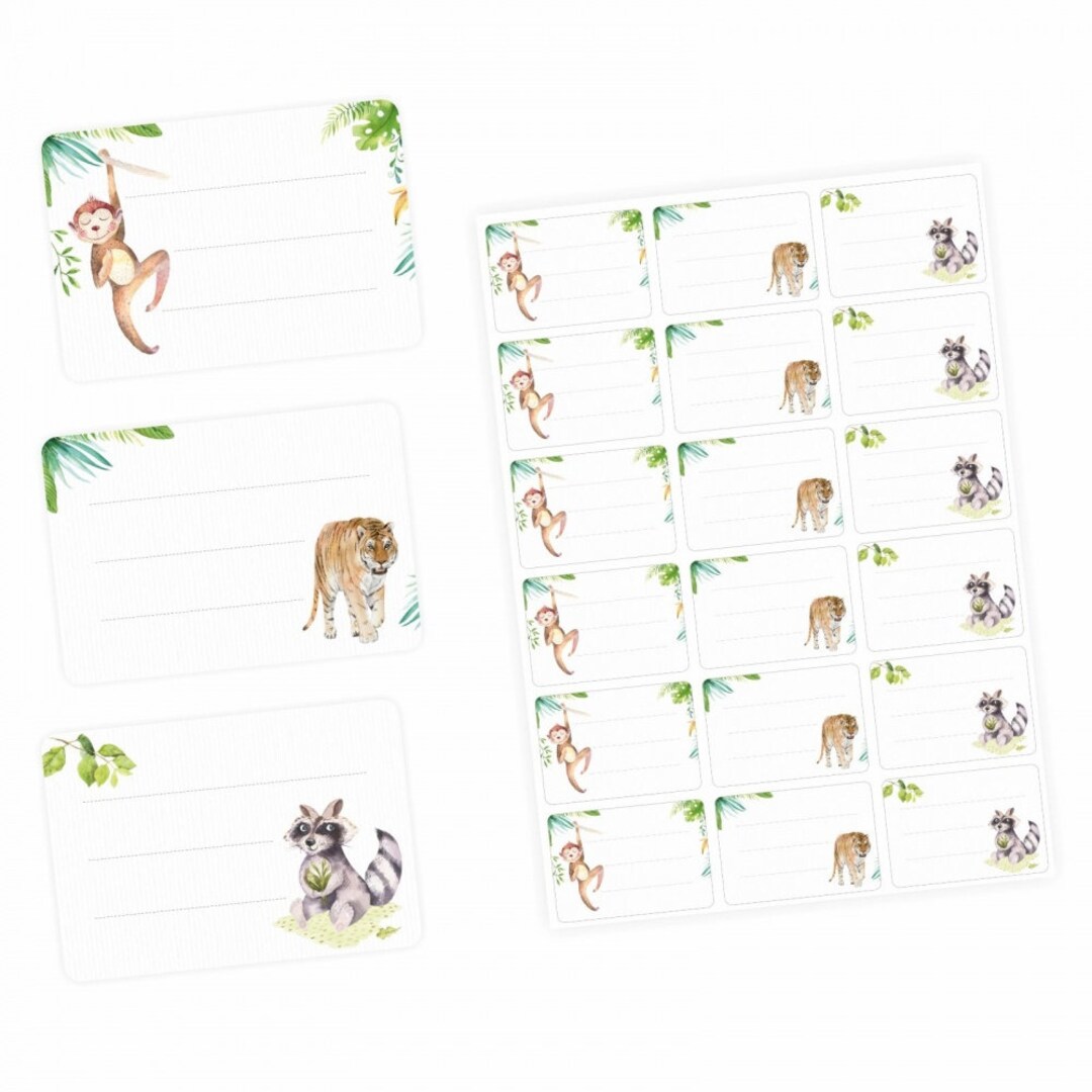 72 Blank Labels Animals Monkey, Tiger and Raccoon 64 X 45 Mm Name ...