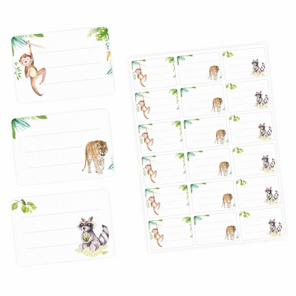 72 Blanko Etiketten Tiere Affe, Tiger und Waschbär - 64 x 45 mm - Namensetiketten Junge