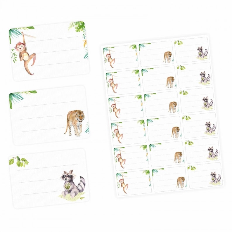 Tiger and Raccoon-64 x 45 mm-Name labels Boy sticker Sticker School 72 Blank Labels Animals Monkey