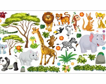 060 wall decal jungle animals lion elephant savanna tree panda rhino tiger kangaruh *nikima* in 6 different versions. sizes