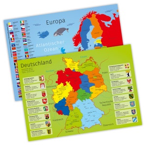 Tischset mit Lerneffekt für Kinder Deutschland Europa Länder Flaggen Fahnen Bundesländer Städte Fluss