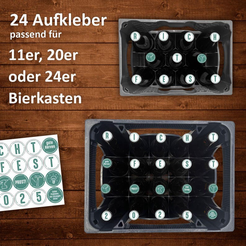Pode incluir: Um conjunto de 24 adesivos redondos para caixas de cerveja. Os adesivos apresentam v&aacute;rios designs, incluindo as palavras "Prost!" e "Gute Nerven", e uma l&acirc;mpada, um martelo e uma caneca de cerveja. Os adesivos s&atilde;o projetados para caber no topo das garrafas de cerveja.