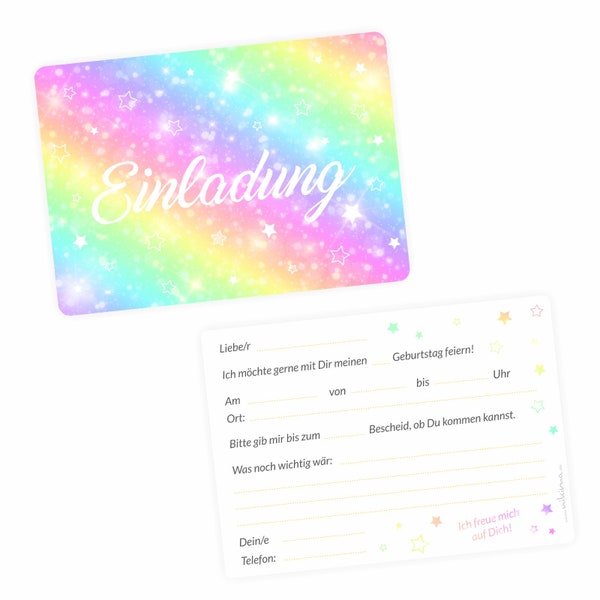 5 Einladungskarten Regenbogen bunt GLITZER inkl. 5 transparenten Briefumschlägen Kindergeburtstag Einladung Mädchen
