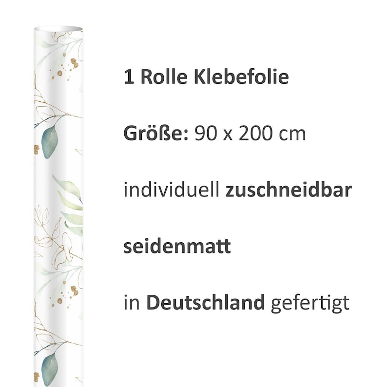 May include: A roll of adhesive film with a watercolor floral design in shades of green and gold. The roll is 90 inches by 200 inches and is made in Germany. The text on the image reads: "1 Rolle Klebefolie", "Gr&ouml;&szlig;e: 90 x 200 cm", "individuell zuschneidbar", "seidenmatt", "in Deutschland gefertigt".