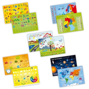 Set of 5 children's placemats with learning effect printed ABC 123 world map time colors placemat image 1