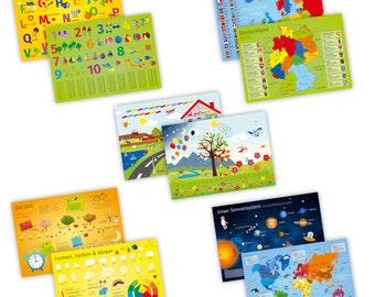 Set of 5 children's placemats with learning effect printed ABC 123 world map time colors placemat