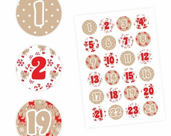 24 Adventskalender Zahlen Aufkleber ROT/BEIGE - rund 4 cm Ø - Sticker Weihnachten zum basteln dekorieren DIY