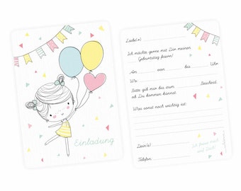 5 tarjetas de invitación niñas globo rosa GLITTER que incluyen 5 sobres transparentes invitación de cumpleaños infantil