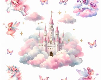 262 Wandtattoo Schloss auf Wolken mit Feen und Einhörnern in 6 vers. Größen Aquarell Watercolor Schmetterlinge