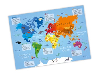 Niños aprender cartel mapa mundial A3 / A2 / A1 en 3 diferentes tamaños continentes América, Europa, Africa, cartel