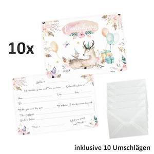 10 uitnodigingskaarten REH hertenballoncadeaus inclusief 10 transparante enveloppen uitnodiging voor kinderfeestjes voor meisjes