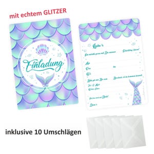 10 cartes d'invitation sirène avec GLITTER comprenant 10 enveloppes transparentes pour invitation anniversaire enfant filles