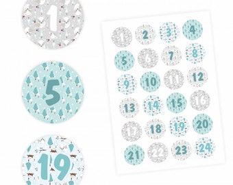 24 stickers chiffres calendrier de l'Avent BLEU CLAIR/GRIS - Ø 4 cm environ - Stickers de Noël à décorer DIY