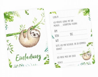 5 invitation cards sloth jungle green including 5 transparent envelopes children's birthday girl boy invitation celebration watercolor