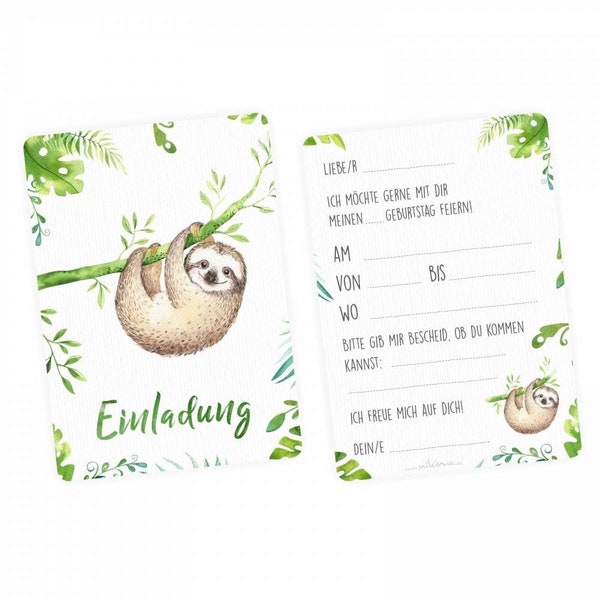 5 Einladungskarten Faultier Dschungel Grün inkl. 5 Transparenten Briefumschlägen Kinder Geburtstag Mädchen Junge Einladung Feier Aquarell