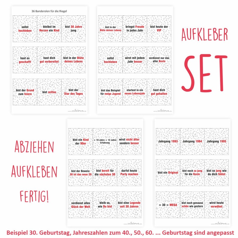 May include: A set of 36 red and black patterned birthday party favor stickers with various phrases and sayings. The stickers are designed for a 30th birthday, but the numbers can be adjusted for other ages. The stickers say things like "You are a legend since 30 years", "You are the reason to celebrate", "You are timeless", and "You are the star of the day".