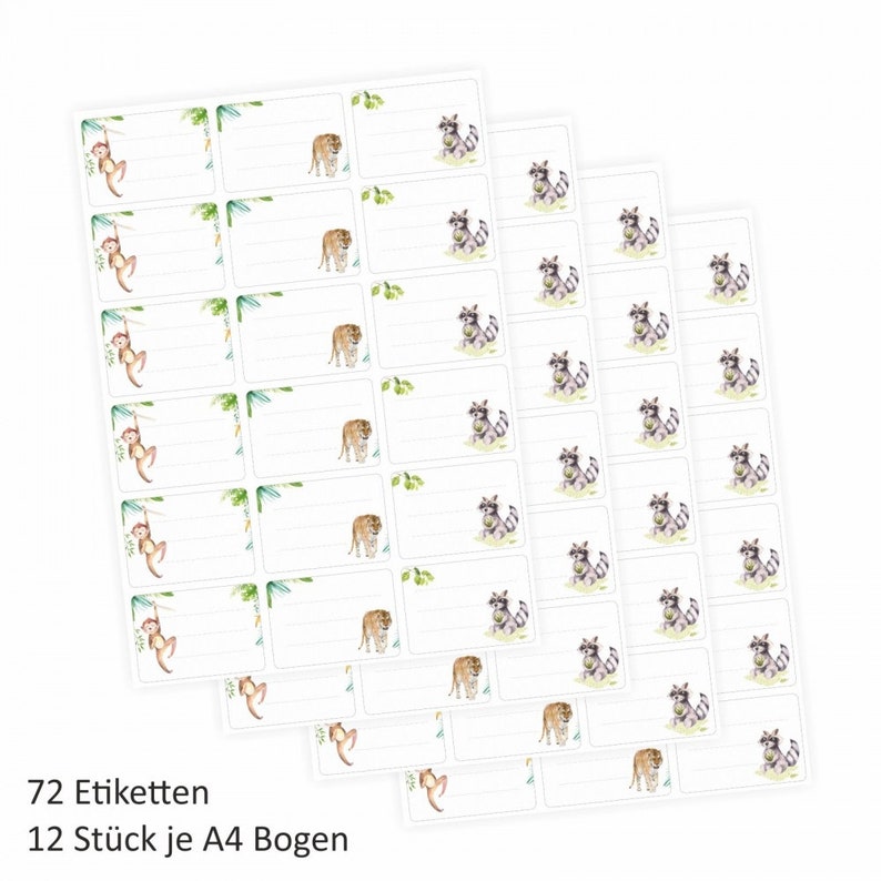 Tiger and Raccoon-64 x 45 mm-Name labels Boy sticker Sticker School 72 Blank Labels Animals Monkey
