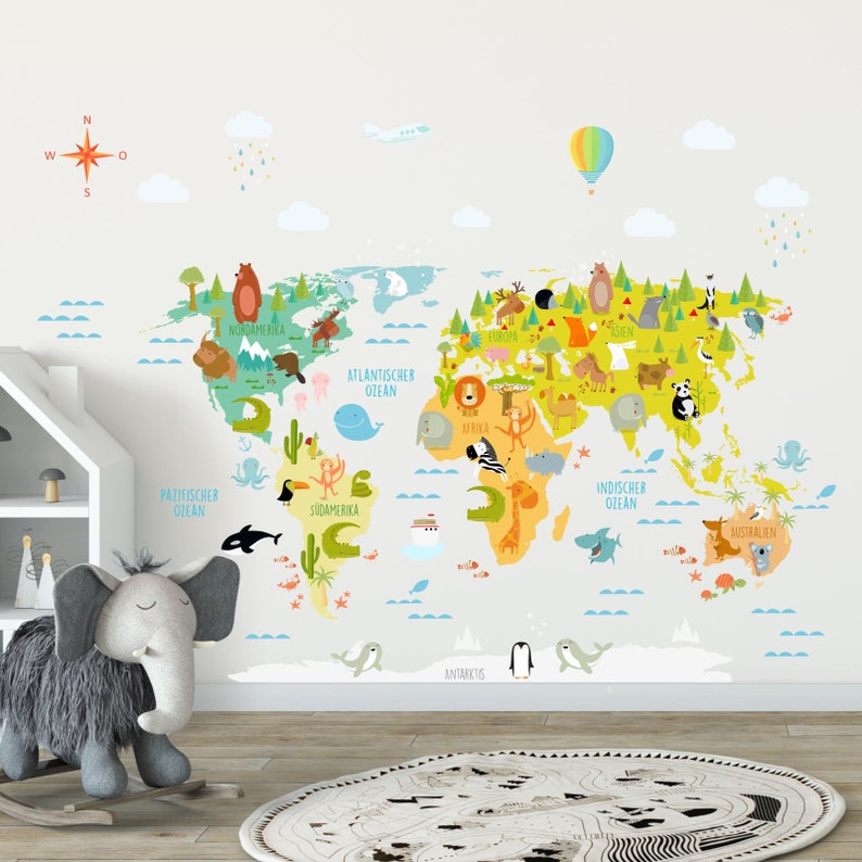 173 Wall Decal World Map with Animals Nursery Wall Decor | Etsy