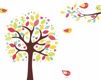 038 wall decal colorful tree with branch birds red yellow spade turquoise green *nikima* in 6 different versions. sizes