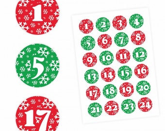 24 Adventskalender Zahlen Aufkleber ROT/GRÜN Schneeflocken - rund 4 cm Ø - Sticker Weihnachten zum basteln dekorieren DIY