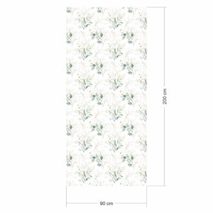 May include: A seamless pattern featuring a repeating design of green and white watercolor leaves and branches on a white background. The pattern is 90 inches wide and 200 inches tall.