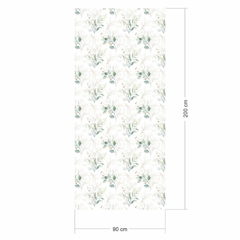 May include: A seamless pattern featuring a repeating design of green and white watercolor leaves and branches on a white background. The pattern is 90 inches wide and 200 inches tall.