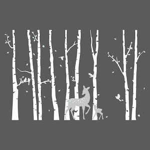 196 Wall decal birch trunks WHITE with deer and fawn - birds birch