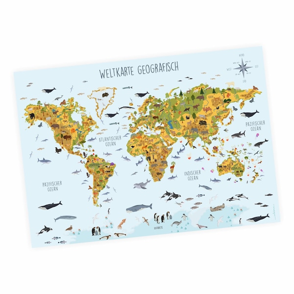 Kids Learning Poster World Map Animals Geographical - A3/ A2/ A1 in 3 Different Sizes Wall Decor Nursery