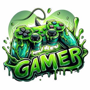 Könnte beinhalten: Ein grüner Videospiel-Controller mit grünem Schleim, der von ihm tropft. Das Wort "GAMER" ist in grünen Buchstaben mit Schleim geschrieben, der von ihnen tropft.