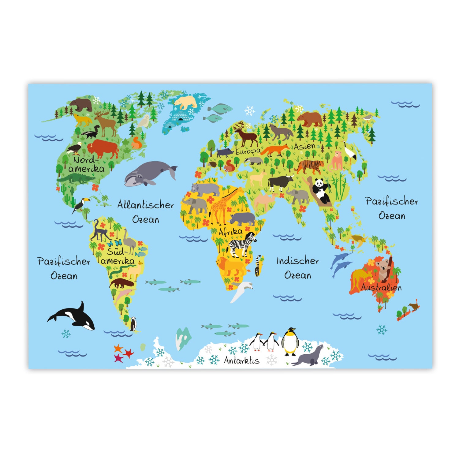 Kids World Map Blue A3/ A2/ A1 in 3 Different Sizes Continents America,  Europe, Africa, Animals, Orca - Etsy Norway