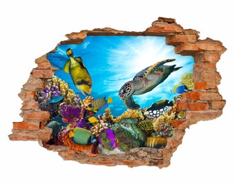 035 Wandtattoo - Loch in der Wand - Unterwasserwelt Korallem Riff Schildkröte Meer in 6 Größen Kinderzimmer Wanddeko Sticker Aufkleber
