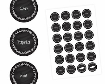 24 étiquettes à épices - noir/blanc - 22 étiquetées 2 vierges - Ø 4 cm environ - autocollants de cuisine