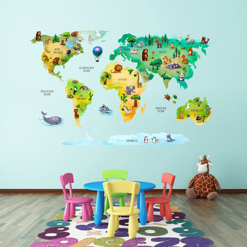 202 Wall Decal World Map With Animals Nursery Wall Decor Etsy