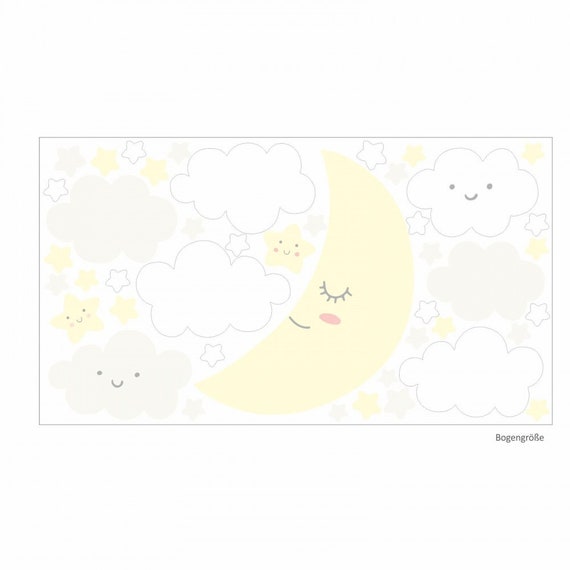 137 Wall Sticker Moon With Clouds and Stars White Pastel Yellow : Size 1000  X 560 Mm - Etsy Denmark