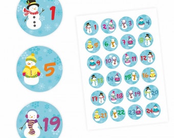 24 Adventskalender Zahlen Aufkleber Schneemann - rund 4 cm Ø - Sticker Weihnachten zum basteln dekorieren DIY