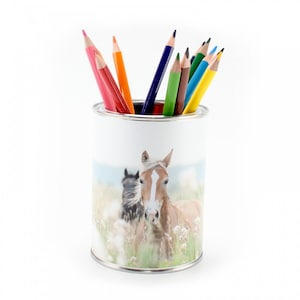 Puede incluir: Un porta lápices de cerámica blanca con una imagen de dos caballos en un campo. El porta lápices está lleno de lápices de colores, incluyendo rojo, naranja, amarillo, verde, azul y morado.