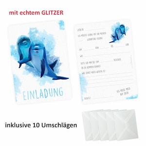 10 uitnodigingskaarten dolfijnen blauw/wit met GLITTER inclusief 10 enveloppen