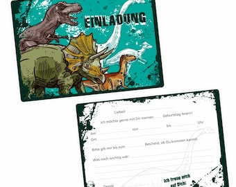 Pode incluir: Um convite para uma festa de aniversário com tema de dinossauros, em verde e preto, com a palavra "Einladung" em branco. O convite tem espaço para preencher os detalhes da festa, como a data, a hora e o local.