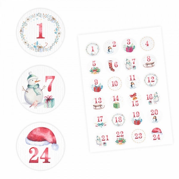 24 Adventskalender Zahlen Aufkleber Aquarell - rund 4 cm Ø - Sticker Weihnachten zum basteln dekorieren DIY