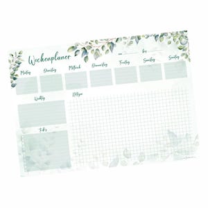 Könnte beinhalten: Ein Wochenplaner mit grünem Blumenmuster. Der Planer hat Bereiche für jeden Tag der Woche sowie Platz für Notizen und To-Dos.