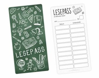 May include: A green chalkboard with white drawings of school supplies, including a book, pencils, a globe, and a lightbulb. The text "LESEPASS" is written in white on the chalkboard. A white sheet of paper with the text "LESEPASS" and a table with columns for "Datum" and "Unterschrift" is shown on the right side of the image.