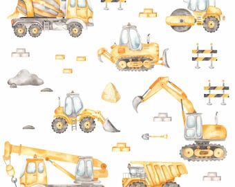Pode incluir: Um conjunto de ilustrações de aquarela de veículos de construção amarelos, incluindo um misturador de cimento, uma escavadeira, uma escavadeira, um caminhão basculante e um rolo compactador. As ilustrações também incluem barreiras de construção, tijolos e uma pá.