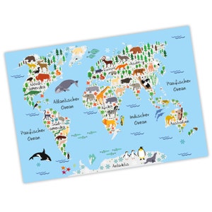Kinder Weltkarte Grau A3/ A2/ A1 in 3 verschiedenen Größen Kontinente Amerika, Europa, Afrika, Tiere, Orca