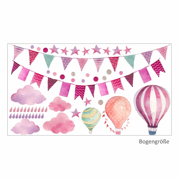 015 Sticker mural guirlande fanion chaîne ballon nuage pluie étoiles rose baie violet *nikima* en 6 versions différentes. tailles