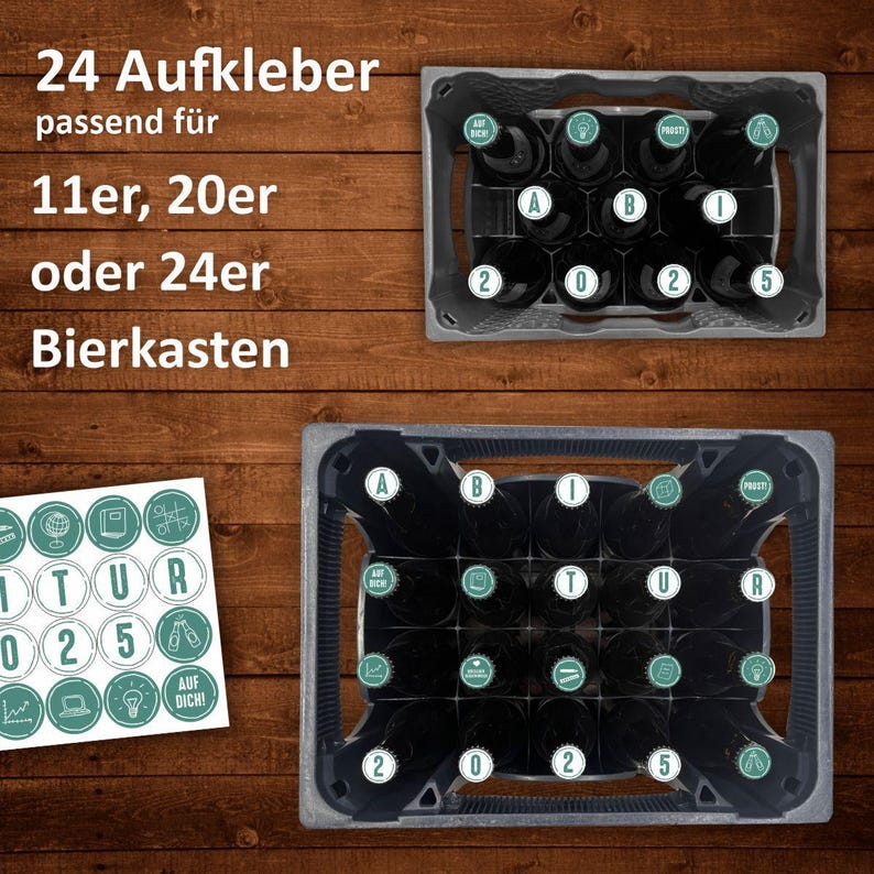 May include: A set of 24 green and white round stickers with various designs, including a graduation cap, a globe, a beer bottle, and the text "TUR 025". The stickers are arranged in a circle on a white sheet of paper. The stickers are designed to be placed on beer crates.