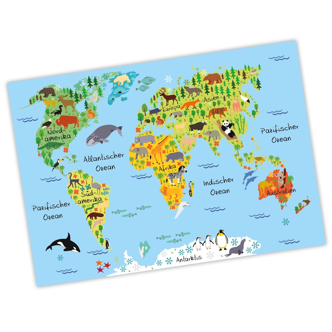 Sizes Continents America, in A2/ Africa, Map 3 World Kids Europe, Blue Orca - Different Etsy Animals, A1 A3/ Norway