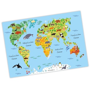 Kinder Weltkarte Blau A3/ A2/ A1  in 3 verschiedenen Größen Kontinente Amerika, Europa, Afrika, Tiere, Orca