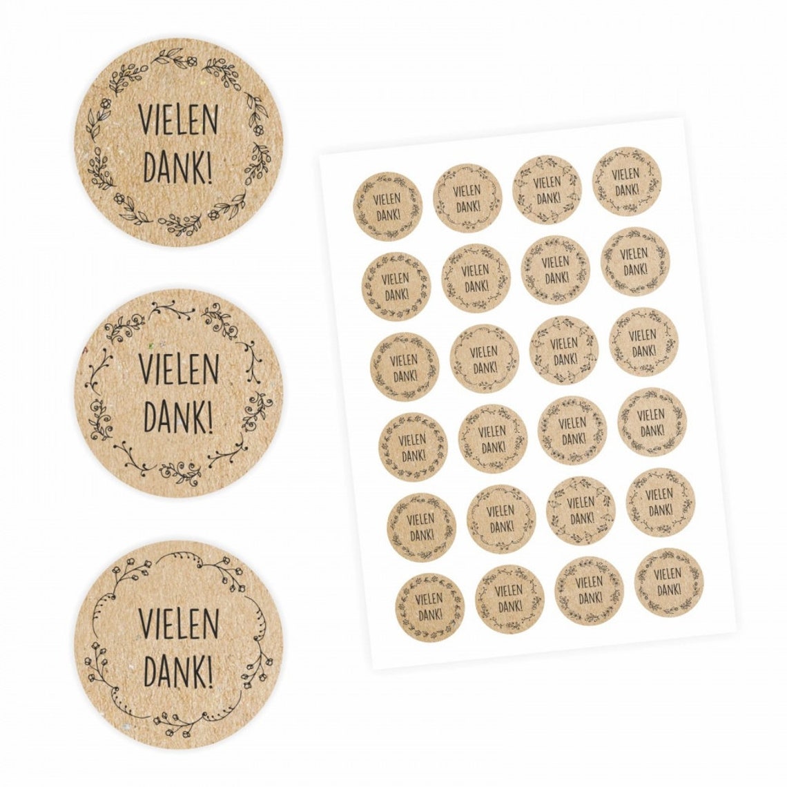 24 Danke-Aufkleber Im Floral-Kraftpapier-Look – Rund, 4 Cm, Wasserfest & Haftstark Für Geschenke & Gastgeschenke