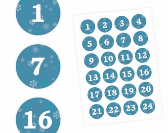 24 Adventskalender Zahlen Aufkleber PETROL - rund 4 cm Ø - Sticker Weihnachten zum basteln dekorieren DIY