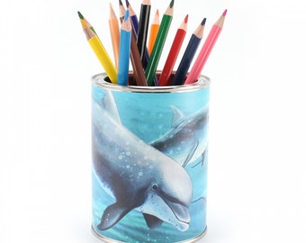 Stylo gobelet dauphins avec 12 crayons de couleur triangulaires | Trousse enfant porte-stylo organisateur de bureau fille garçon